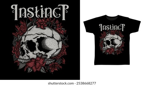 Skull Head with Flower tshirt dark art fashion designs.