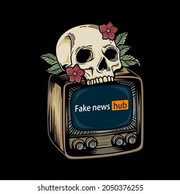 a skull head with flowers bites the television