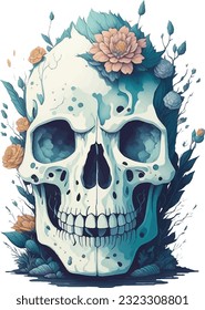 Skull head with flowers covered on it digital art illustration. This artwork contains various colorful flowers and leaves in a watercolor style.