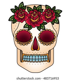 Skull head with flowers design. Death and dark culture theme. Isolated image. Vector illustration
