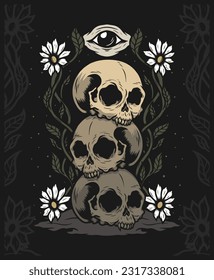 Skull head with flowers hand drawn illustration vector design