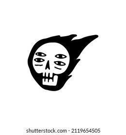 Skull head with four eyes on fire, illustration for t-shirt, sticker, or apparel merchandise. With retro cartoon style.