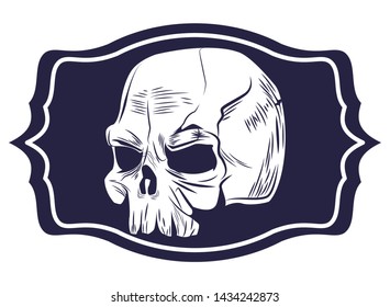 skull head with frame drawn in black and white tattoo icon vector illustration graphic design