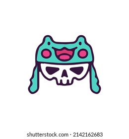 Skull head with frog hat, illustration for t-shirt, street wear, sticker, or apparel merchandise. With doodle, retro, and cartoon style.