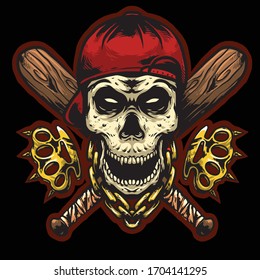 skull head gangsta with knuckles and baseball sticks logo design vector mascot