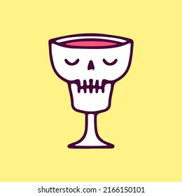 Skull head with glass of wine shape, illustration for t-shirt, sticker, or apparel merchandise. With doodle, retro, and cartoon style.