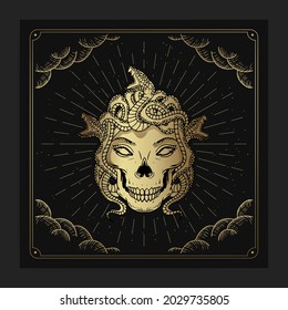 Cabeza de cráneo de gorgón medusa en grabado, dibujado a mano, lujo, celeste, esotérico, estilo boho, apto para espiritualista, religioso, paranormal, lector de tarot, astrólogo o vector de tatuajes