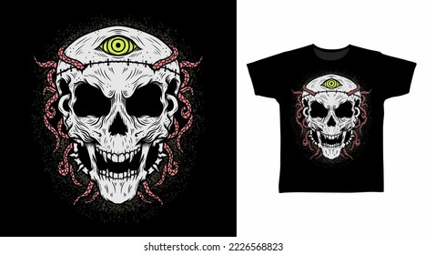 Skull head with green eye tshirt design concepts