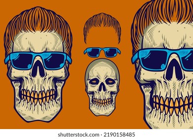 skull head with hair and glasses vector illustration