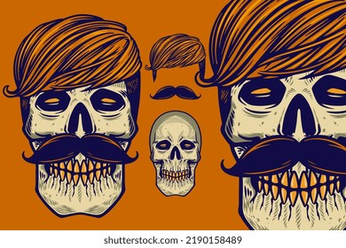 skull head with hair and mustache vector illustration