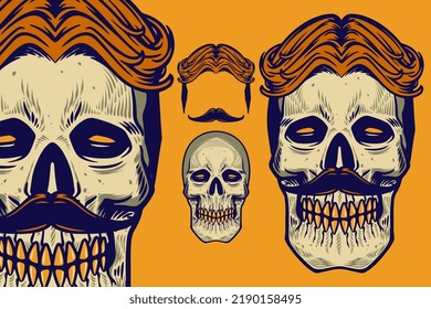 skull head with hair and mustache vector illustration