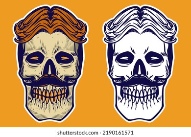 skull head with hair and mustache vector illustration