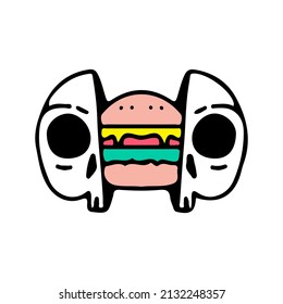 Skull head with hamburger inside. Illustration for street wear, t shirt, poster, logo, sticker, or apparel merchandise. Retro and pop art style.