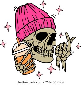 Skull head with hand style and holding a drink 