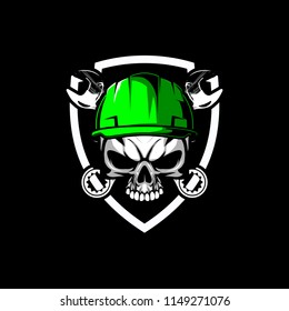 skull head with hard hat and wrench vector shield badge logo template