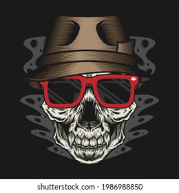 Skull Head with Hat and Red Glasses detailed vector design concept