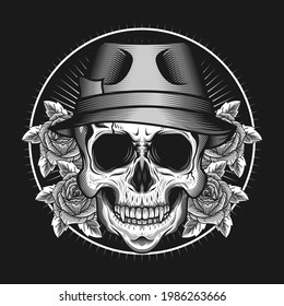 Skull Head with Hat and Roses detailed vector design concept