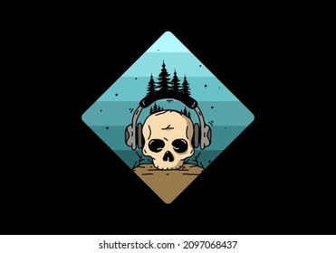 Skull head with headphone and pine trees illustration design