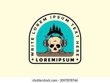 Skull head with headphone and pine trees illustration design