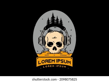 Skull head with headphone and pine trees illustration design