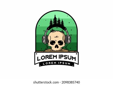 Skull head with headphone and pine trees illustration design