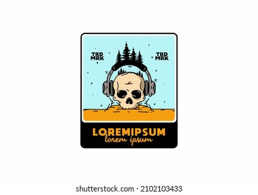Skull head with headphone and pine trees illustration design