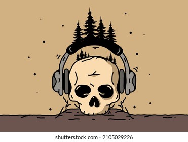 Skull head with headphone and pine trees illustration design
