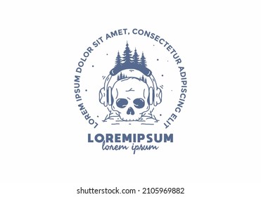 Skull head with headphone and pine trees illustration design