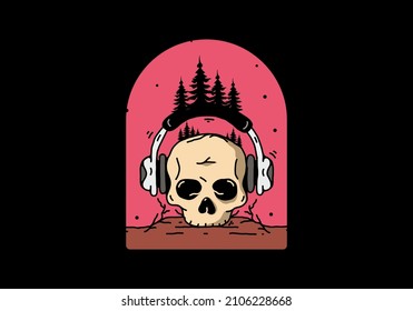 Skull head with headphone and pine trees illustration design