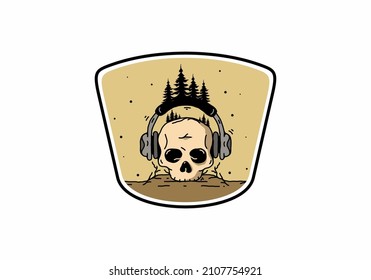 Skull head with headphone and pine trees illustration design