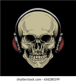 Skull Head Headphone Vintage with Hand Drawing Style On Black Background vector illustration