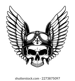 skull head with helmet wings black and white hand drawn illustration