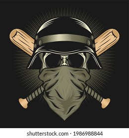 Skull Head with Helmet and Wood Bats Illustration detailed vector design concept