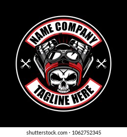 skull head with helmet,goggles and engine motorcycle vector logo template