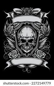 skull head heraldic banner black and white hand drawn illustration