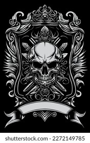 skull head heraldic banner black and white hand drawn illustration