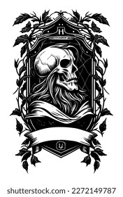 skull head heraldic banner black and white hand drawn illustration