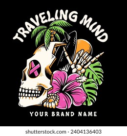 skull head with hibiscus and surfing board at the summer summer tshirt summer design