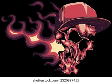 skull head with hip pop hat and flames on black background. vector illustration of digita design