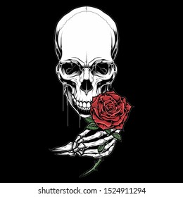 skull head holding a rose,.vector hand drawing,Shirt designs, biker, disk jockey, gentleman, barber and many others.isolated and easy to edit. Vector Illustration