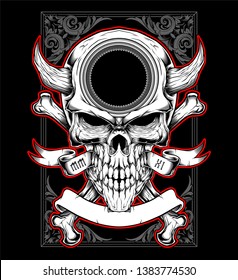 skull head with horn hand drawing vector