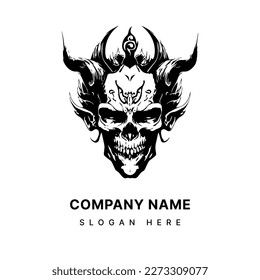 skull head with horn hand drawn black and white illustration 