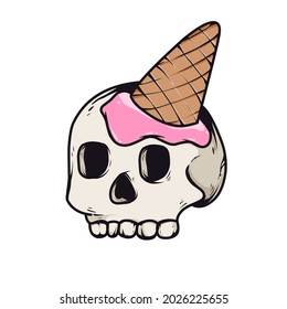 Skull Head And Ice Cream Cone Illustration Graphic. Fit For Stickers, Screen Printing, Decorations, And More