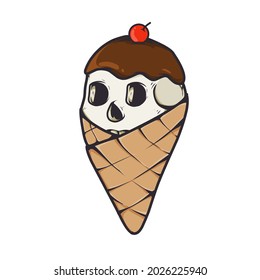 Skull Head And Ice Cream Cone Illustration Graphic. Fit For Stickers, Screen Printing, Decorations, And More