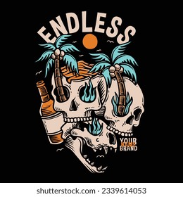 skull head illustration with beer bootle and palm trees, summer illustration design for apparel