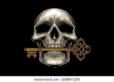 skull head illustration biting vintage key