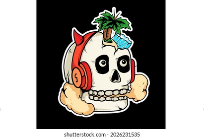 skull head illustration enjoy listening to a song with a beach feel. fit for stickers, screen printing, decorations and more