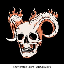 skull head illustration with fire horn