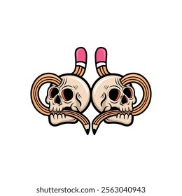 Skull head illustration and pencil stab on the head. Flat Cartoon style suitable for Stickers, T-shirt Designs, and tattoos