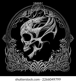 skull head illustration portrays a strikingly detailed and intricate image of a human skull, often used as a symbol of death and mortality in various cultures